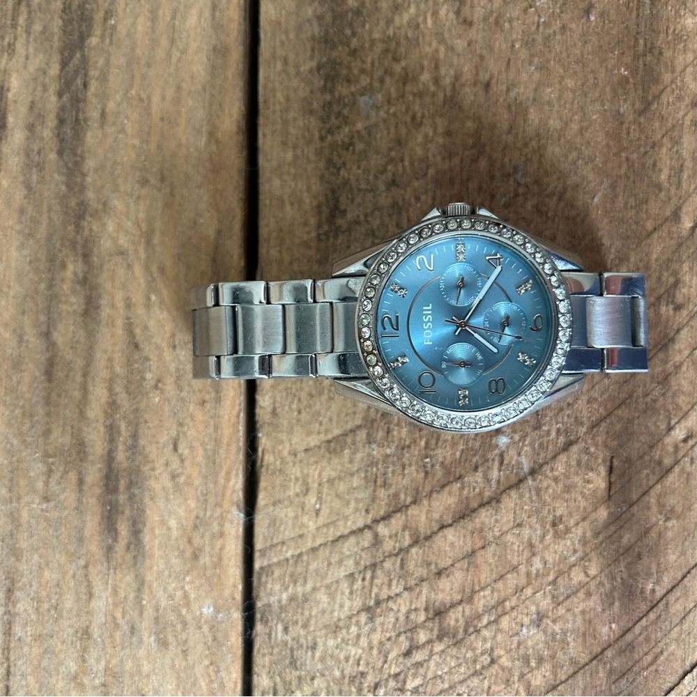 Fossil Silver-Tone Watch with Blue Dial and Crystal Bezel